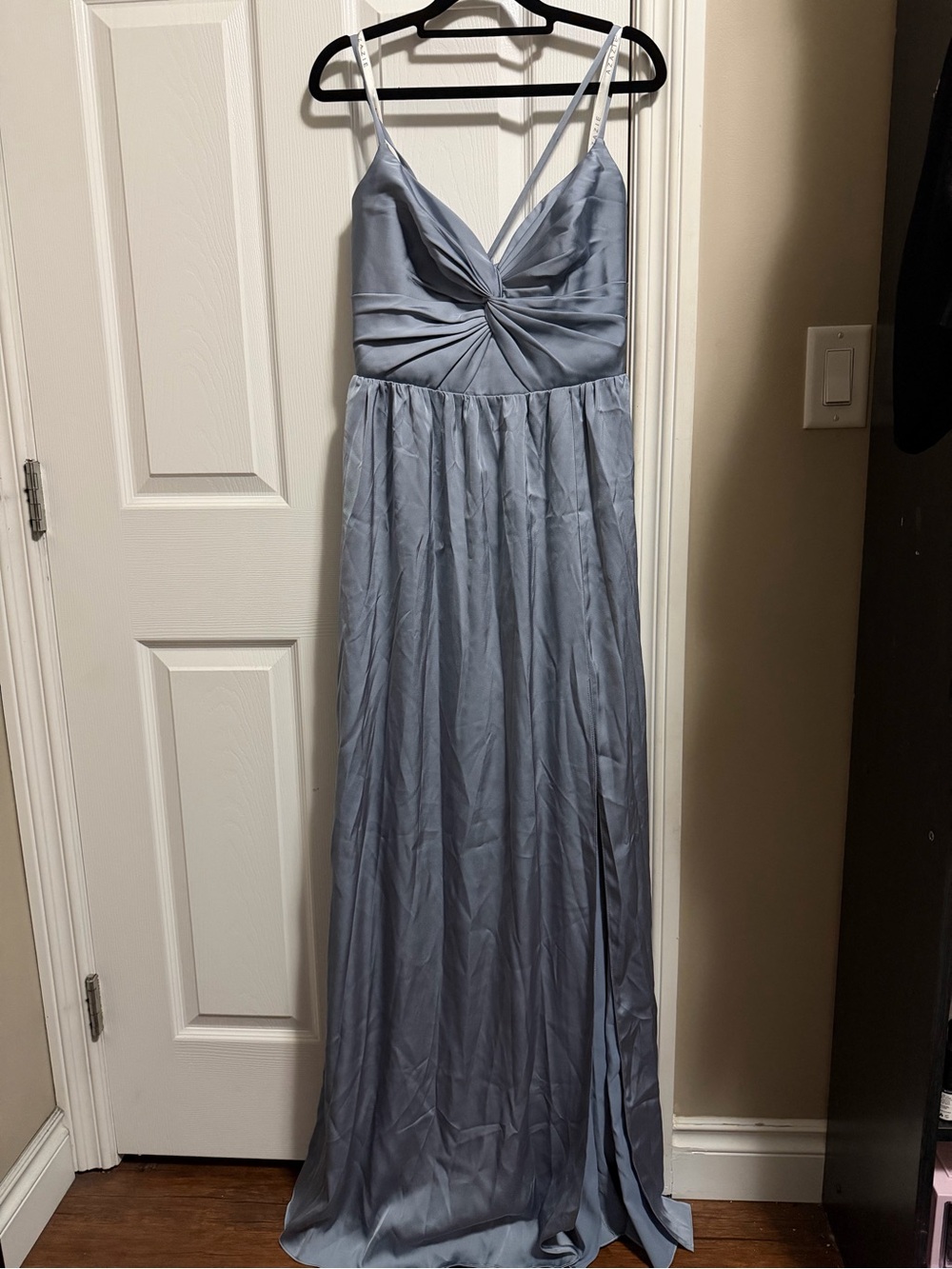 Azazie Stretch Satin Lace-Up Maxi Bridesmaid Dress Dusty Blue A14 NWOT
